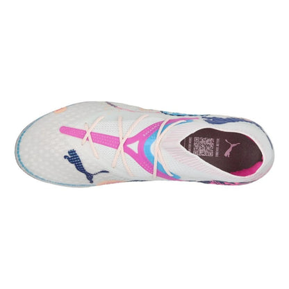top view of the Puma Future 7 Ultimate FG "Volume Up" Pack in a White/Blue/Pink colorway