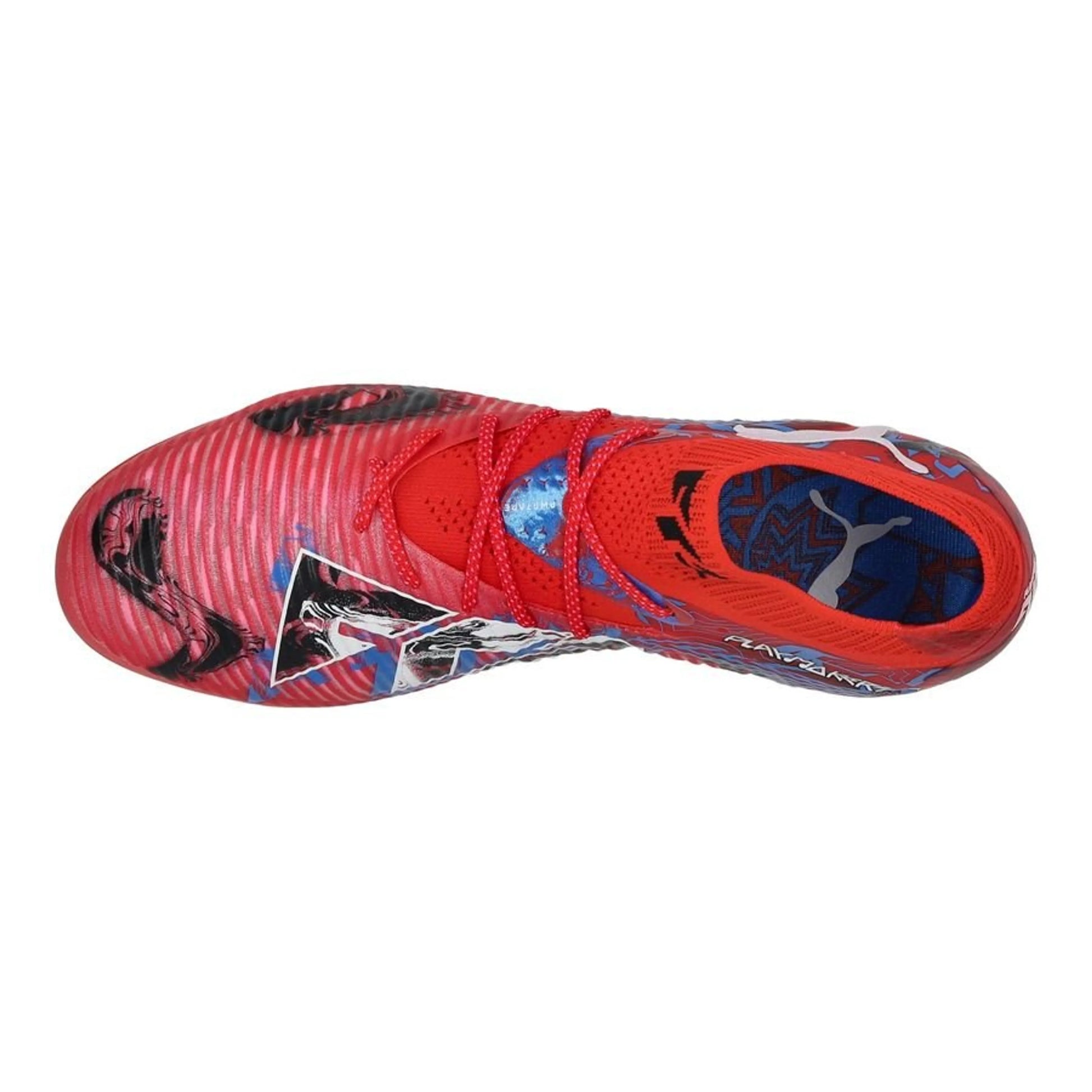 top view of the Puma Future 8 Ultimate FG "Playmaker" Pack in a Red/Black/Blue colorway