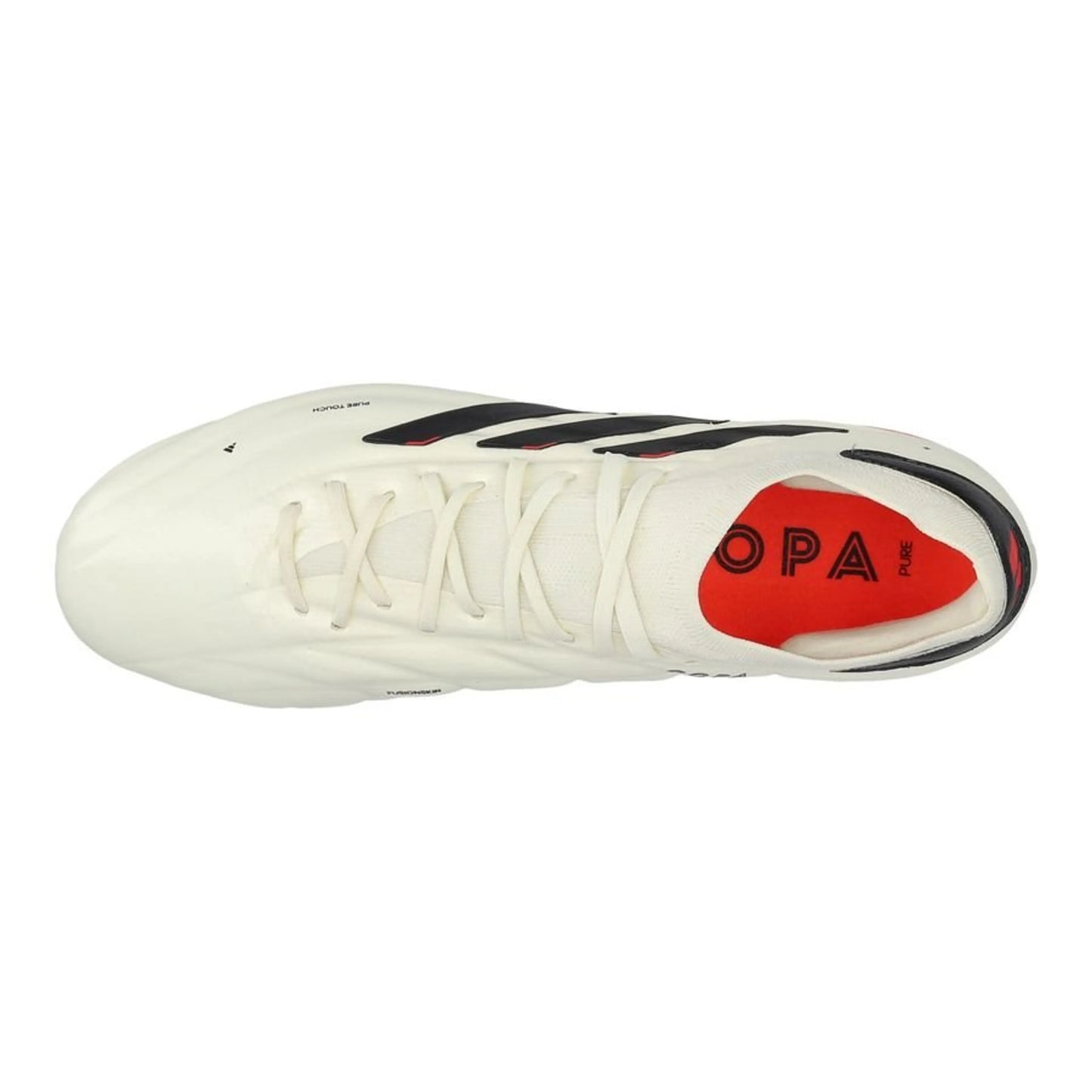 top view of the adidas Copa Pure 2 Elite FG "Solar Energy" Pack in an Off-white/Black/Red colorway