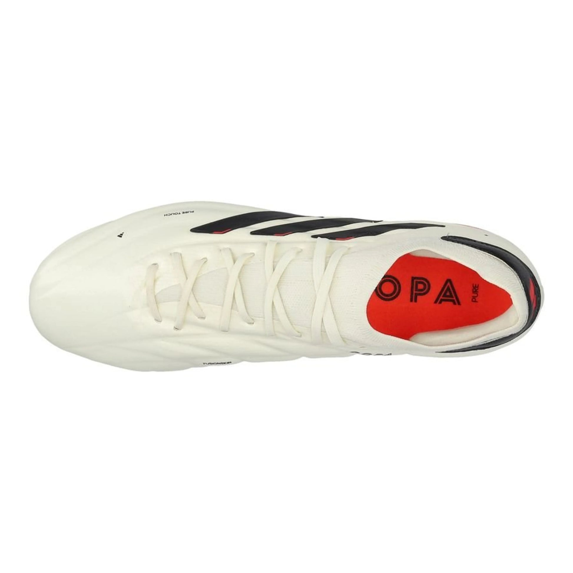top view of the adidas Copa Pure 2 Elite FG "Solar Energy" Pack in an Off-white/Black/Red colorway