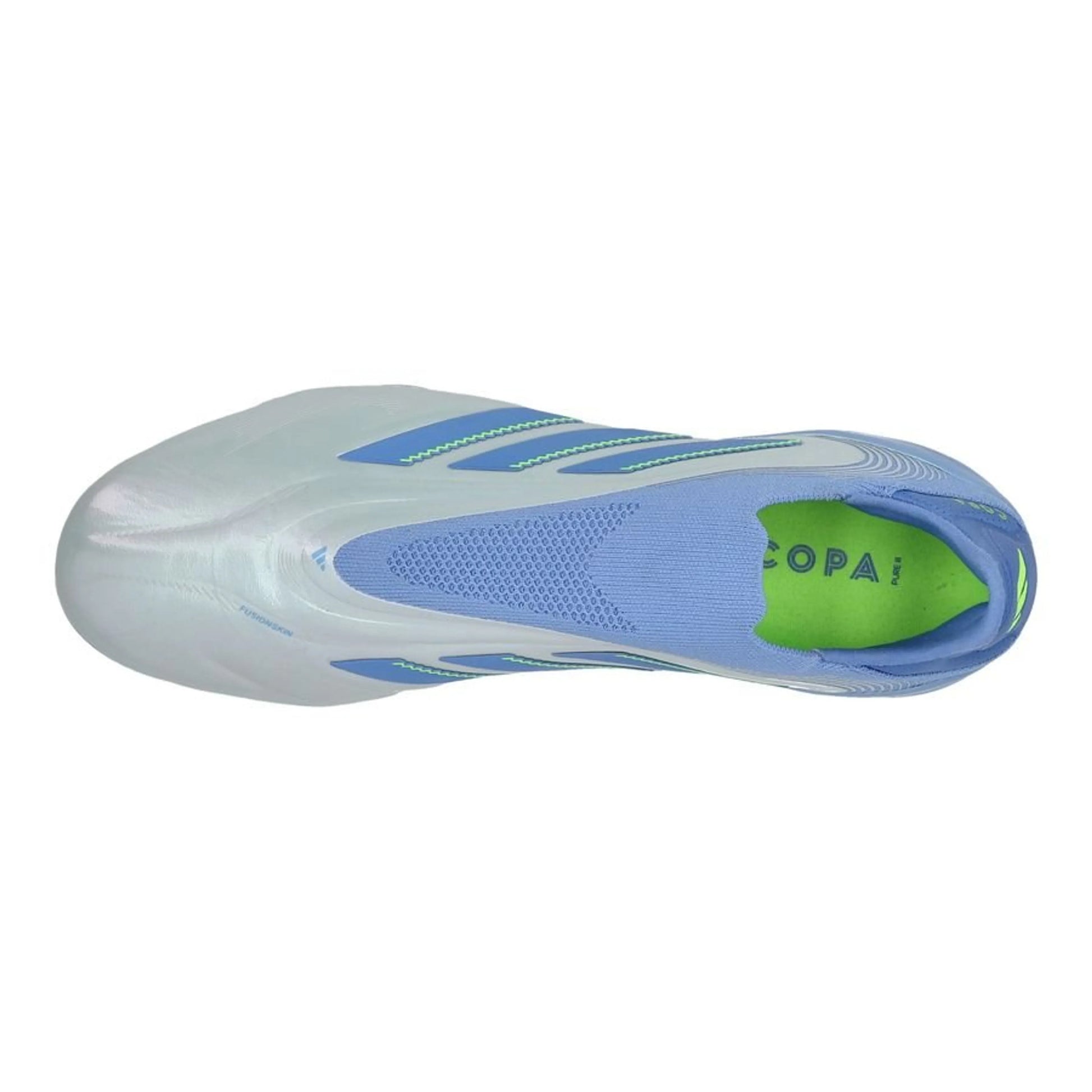 top view of the adidas Copa Pure Elite III Laceless FG "Celestial Victory" pack in a Blue/Lemon colorway