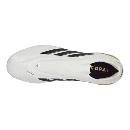 top view of the adidas Copa Pure Elite III Laceless FG "Road to Glory" pack in a White/Black/Gold colorway