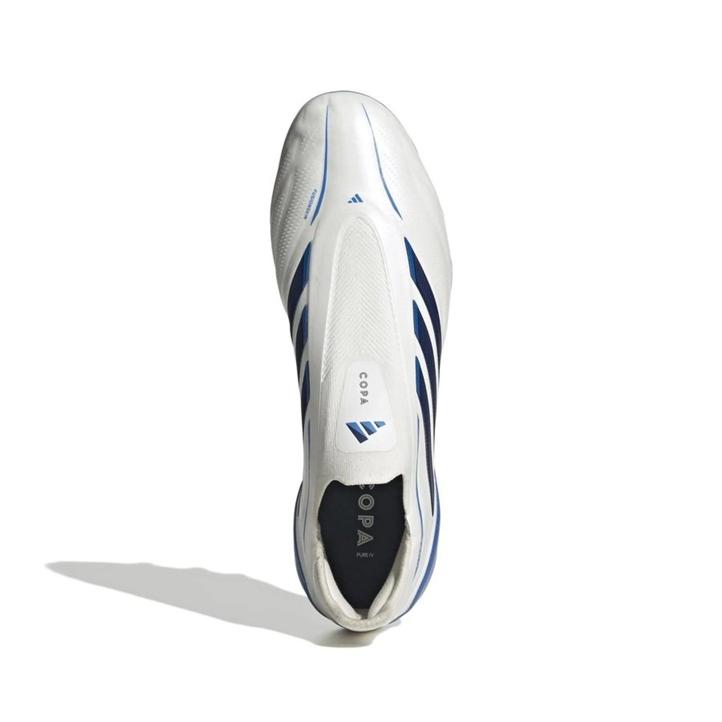 top view of the adidas Copa Pure IV Elite Laceless FG in White/Blue from the Chaos vs Control Pack