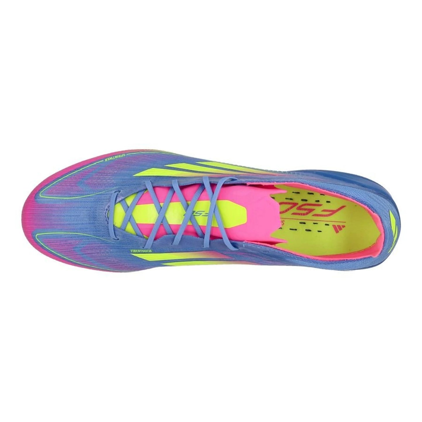 top view of the adidas F50 Elite FG "Celestial Victory" Pack in a Blue/Yellow/Pink colorway