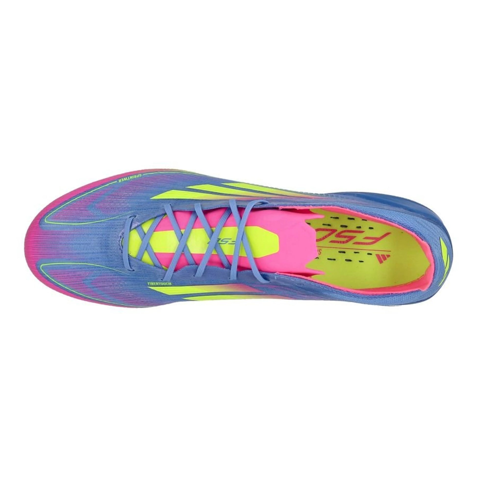 top view of the adidas F50 Elite FG "Celestial Victory" Pack in a Blue/Yellow/Pink colorway