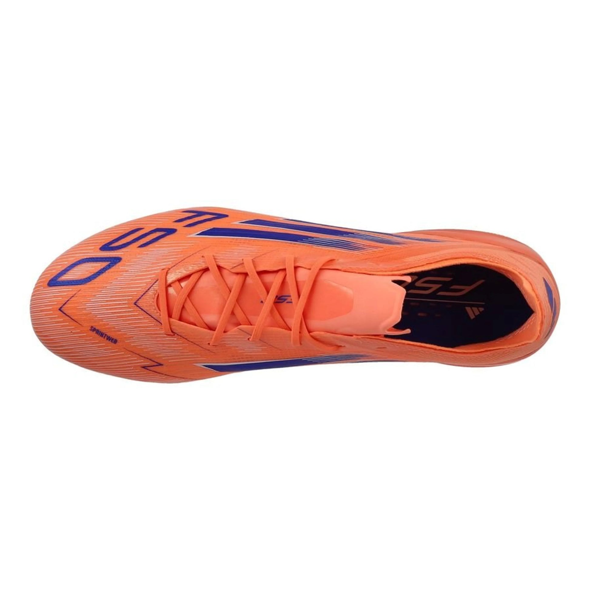 top view of the  adidas F50 Elite FG "Coral Blaze" Pack in an Orange/Blue colorway