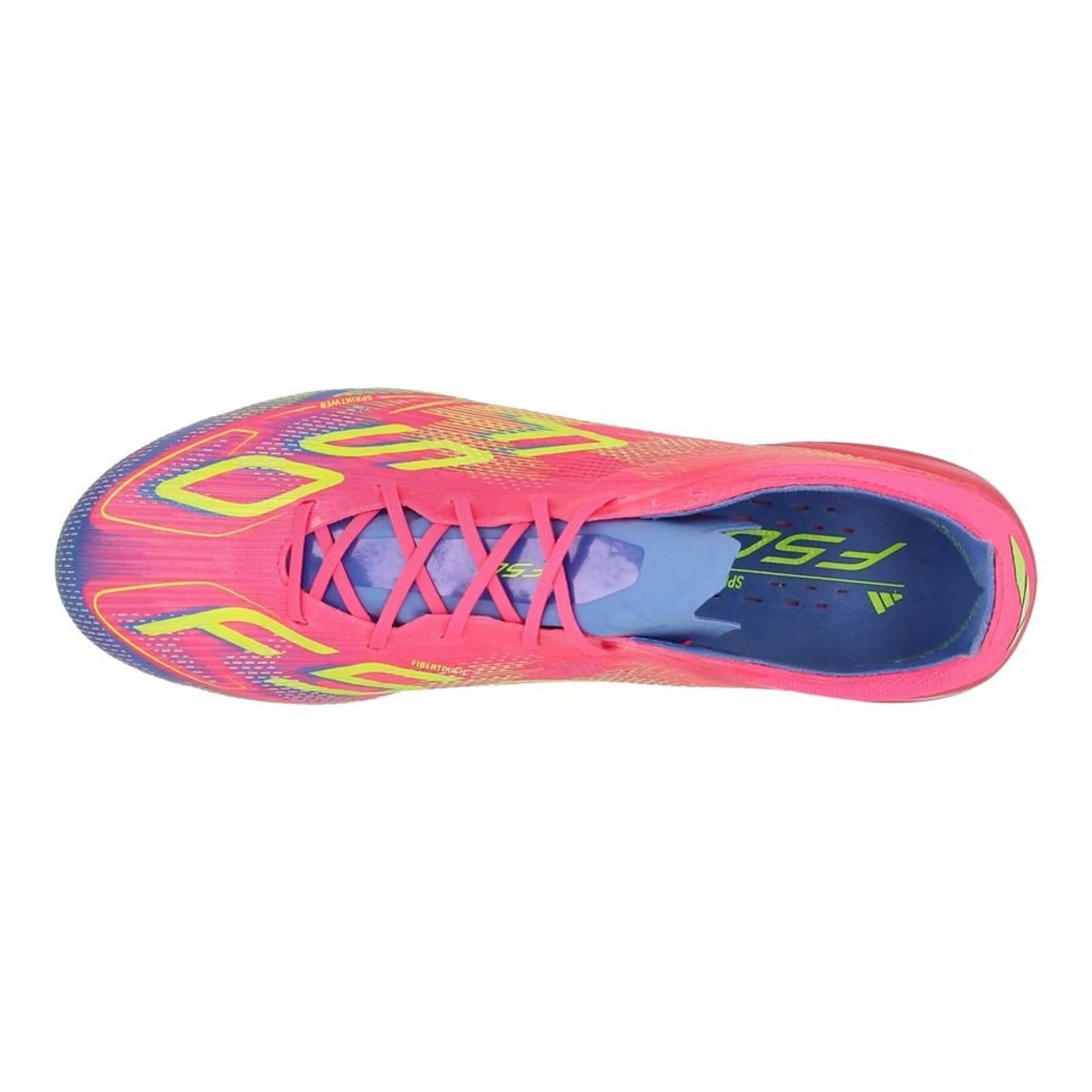 top view of the adidas F50 Elite FG "Mystic Victory" pack in Pink/Lemon/Blue colorway