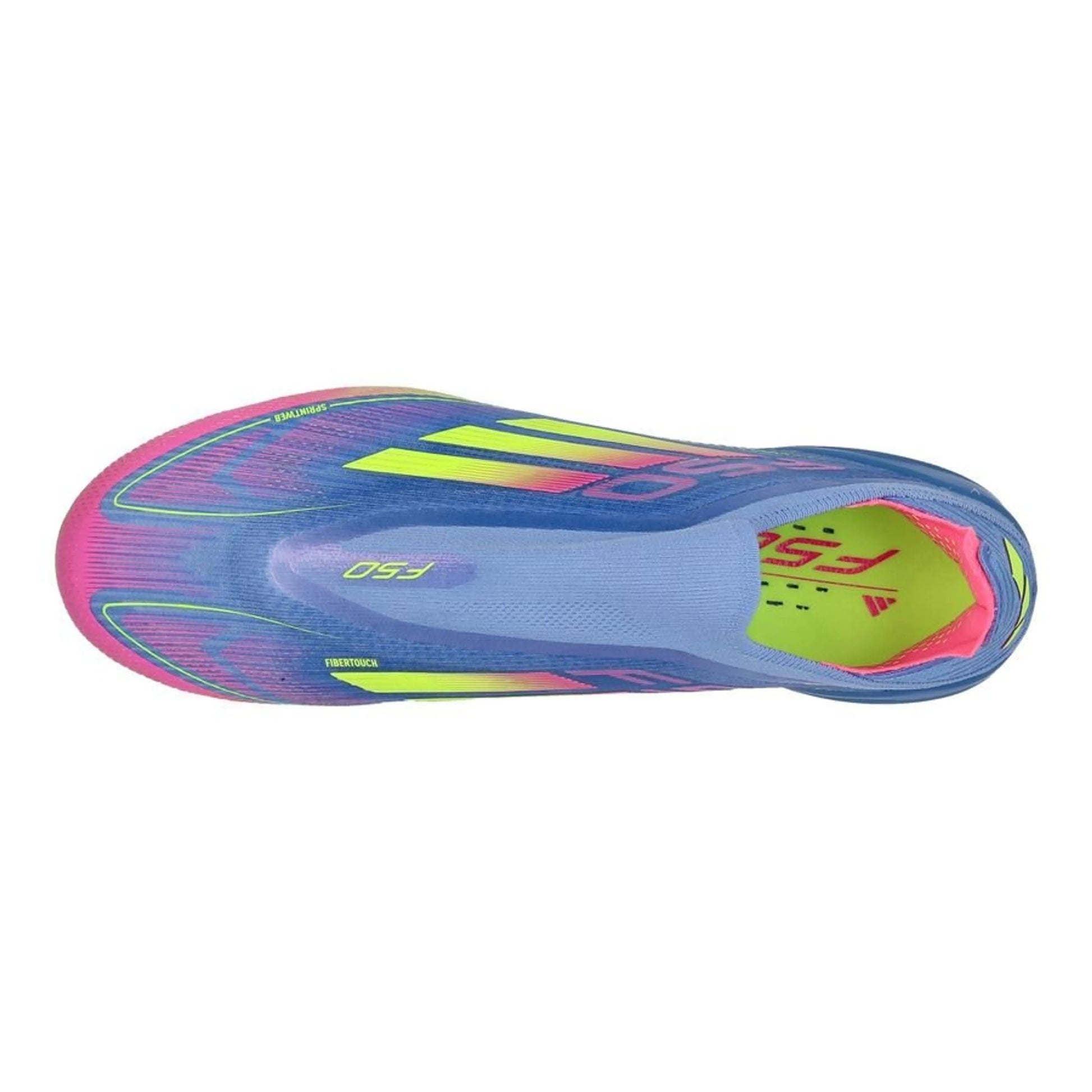 top view of the adidas F50 Elite Laceless FG "Celestial Victory" Pack in a Blue/Yellow/Pink colorway