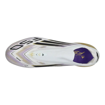 top view of the adidas F50 Elite Laceless FG "Road to Glory" Pack in a White/Black/Gold colorway