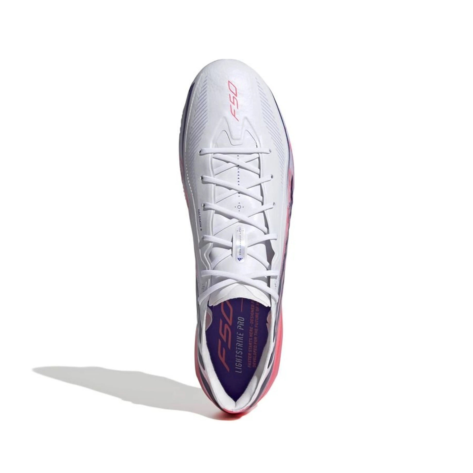 top view of the adidas F50 Hyperfast Elite FG in White/Pink from the Chaos vs Control Pack 