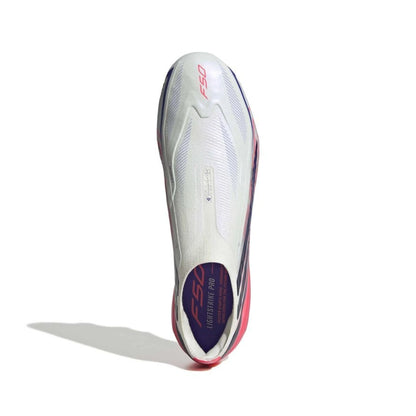 top view of the adidas F50 Hyperfast Elite Laceless FG in White/Pink from the Chaos vs Control Pack