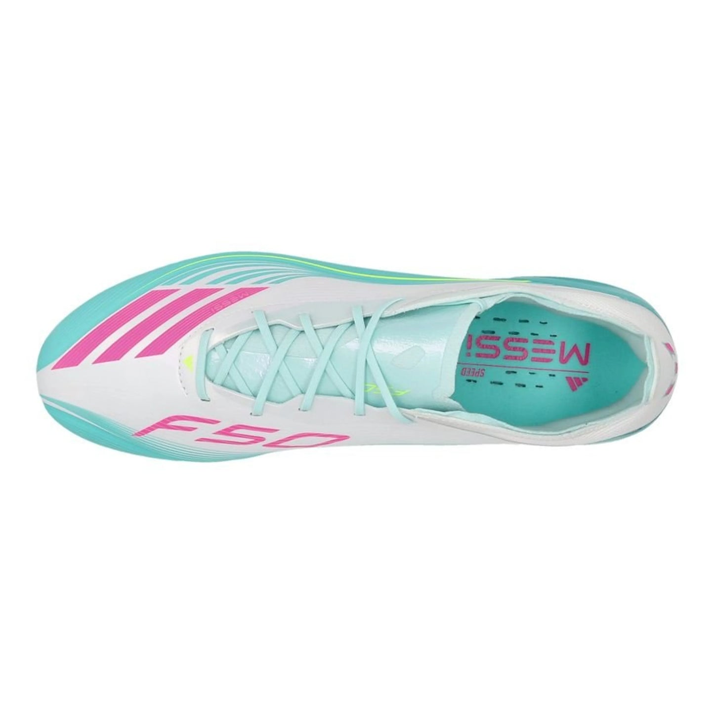 top view of the adidas F50 Messi Elite FG Aurora Radiante in a White/Pink/Aqua colorway