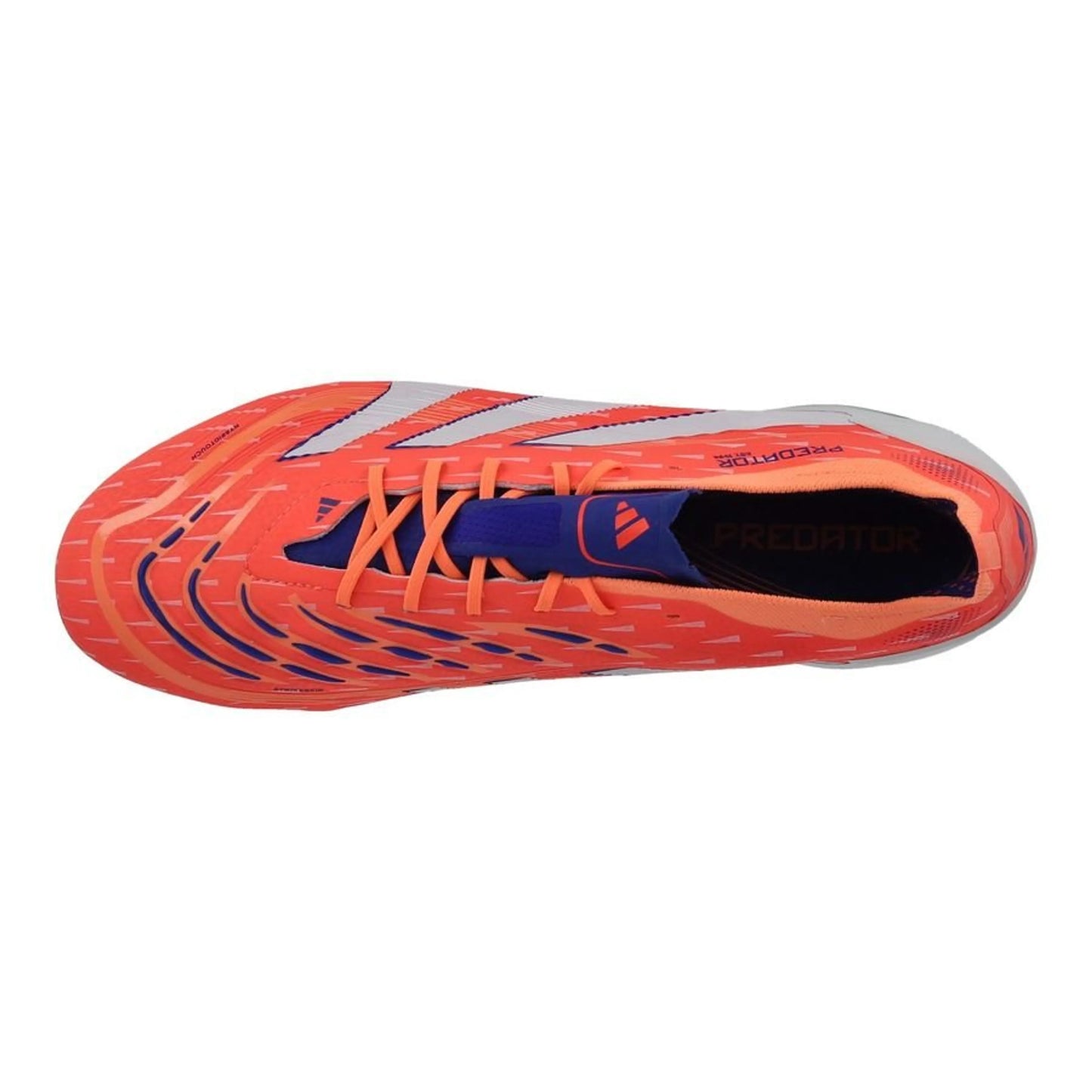 top view of the adidas Predator Elite FG "Coral Blaze" pack in a White/Orange colorway