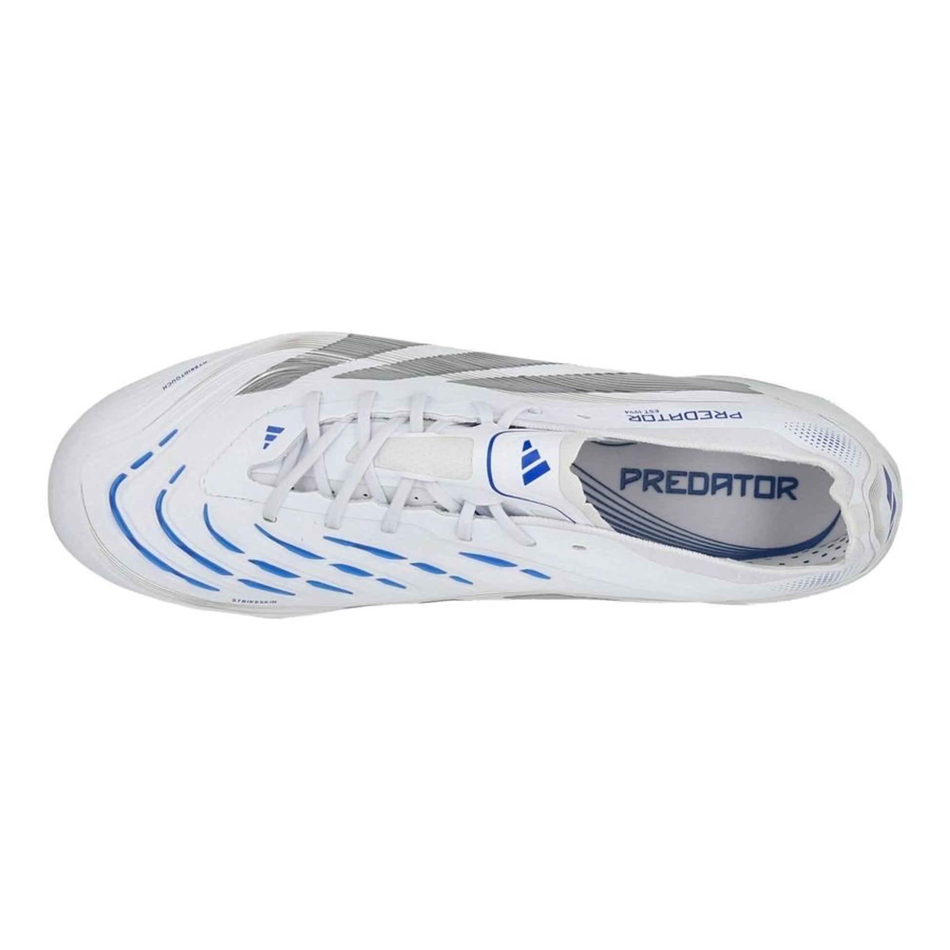 top view of the adidas Predator Elite FG "Polar Victory Pack" in a White/Silver/Blue colorway