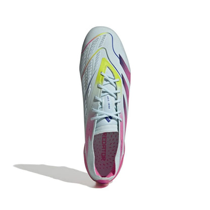 top view of the adidas Predator Elite FG "Stellar Icon" Pack in a White/Pink/Blue/Yellow colorway
