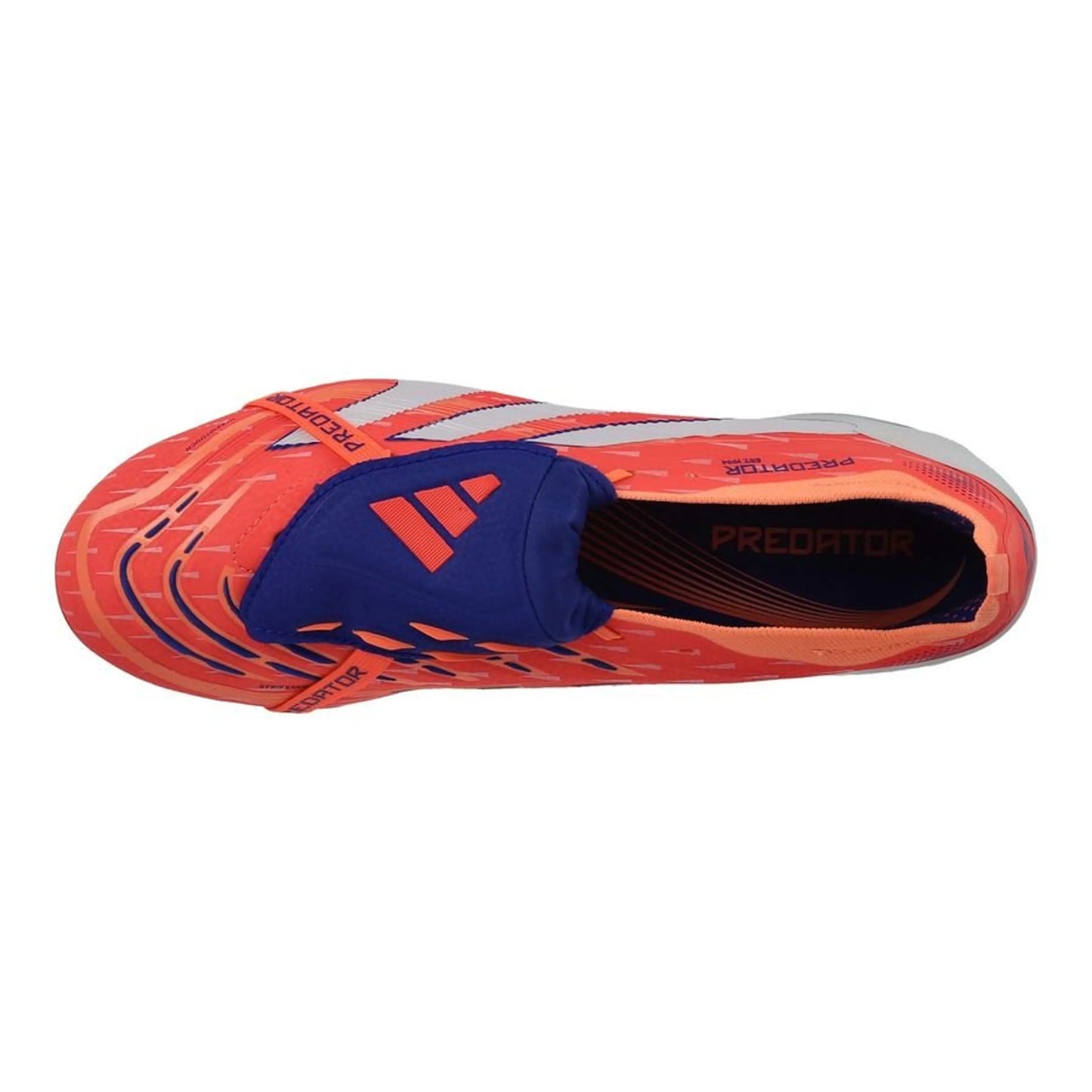 top view of the adidas Predator Elite Fold-over Tongue FG "Coral Blaze" in an Orange/White/Blue Pack