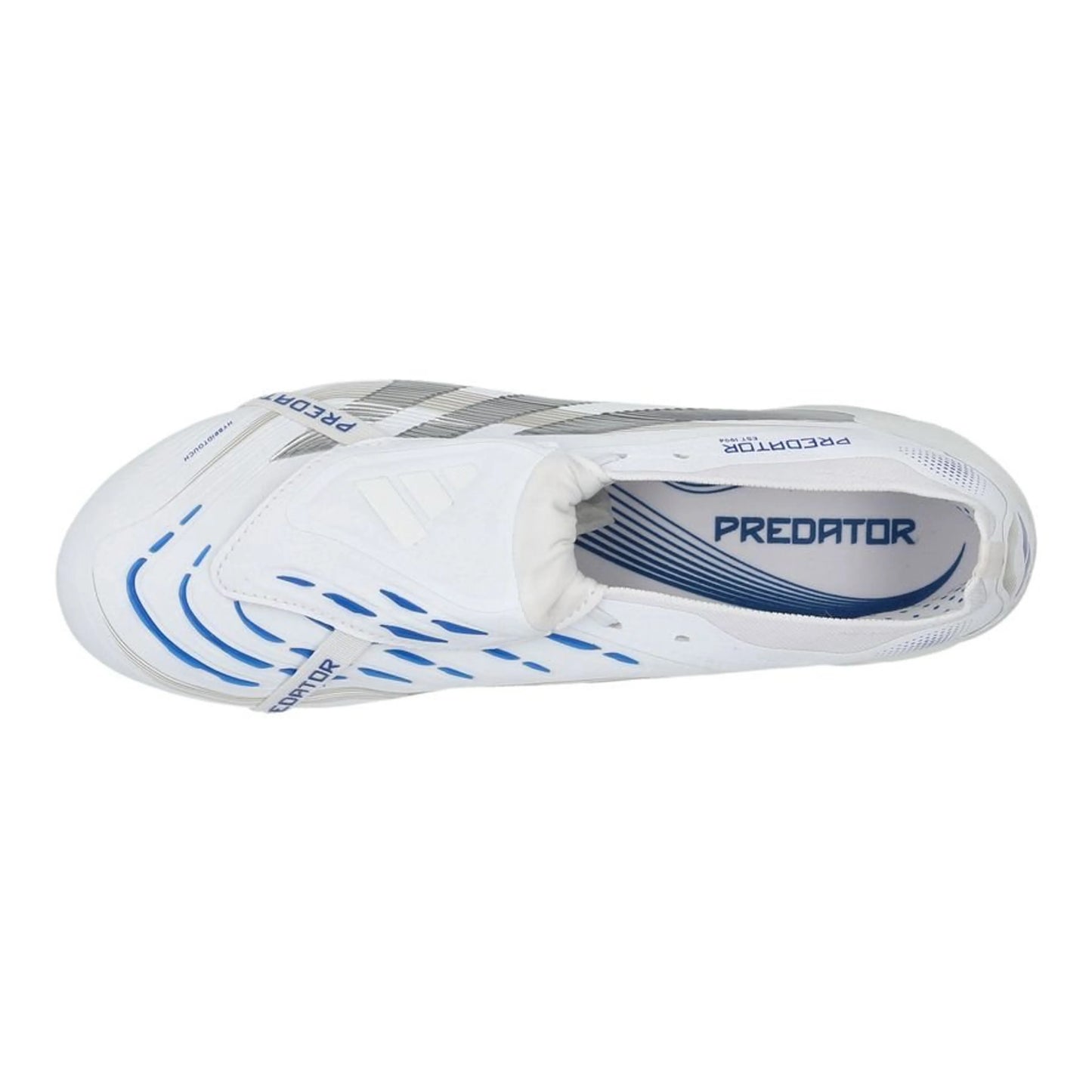 top view of the adidas Predator Elite Fold-over Tongue FG "Polar Victory Pack" in a White/Silver/Blue colorway