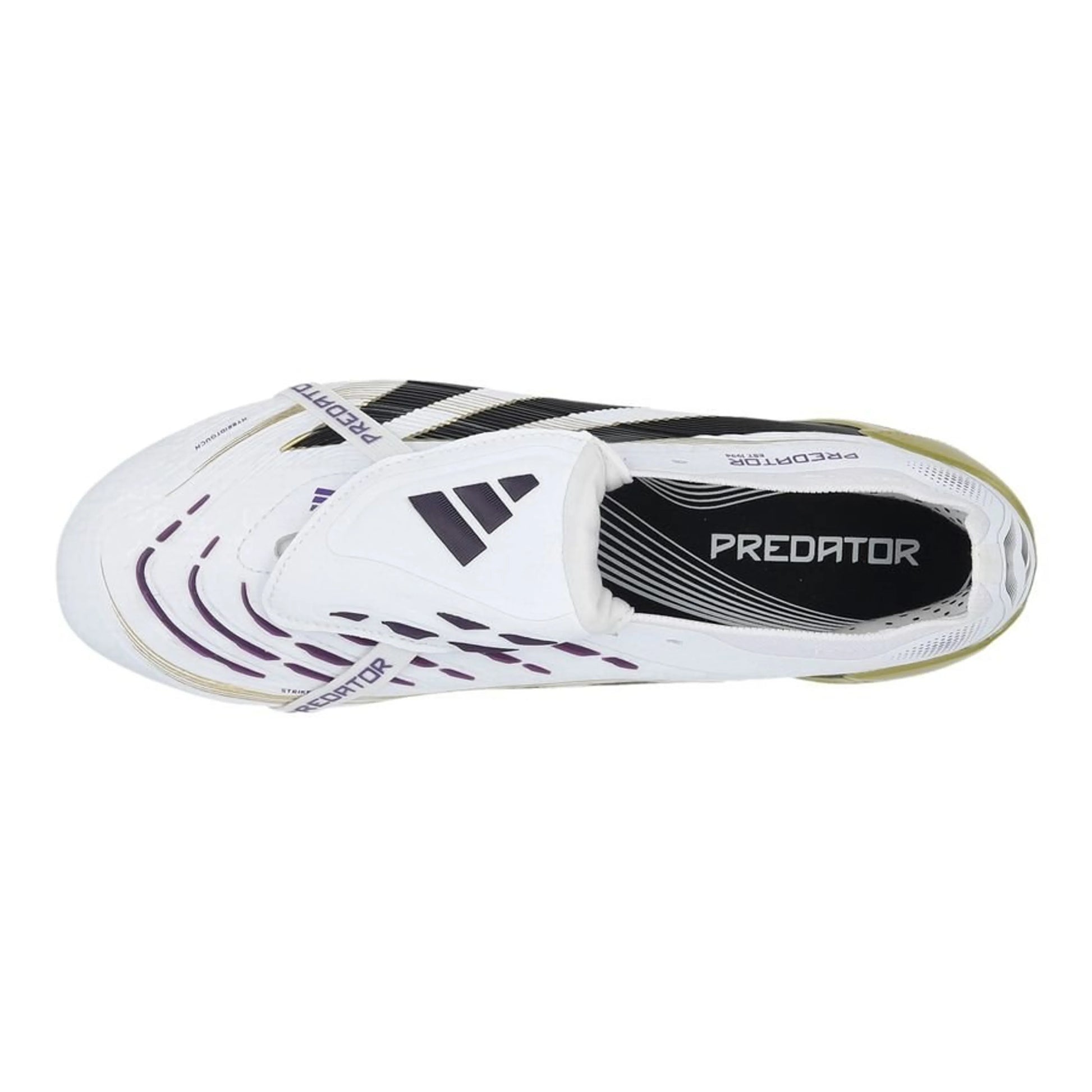 top view of the adidas Predator Elite Fold-over Tongue FG "Road to Glory" Pack in a White/Black/Gold colorway