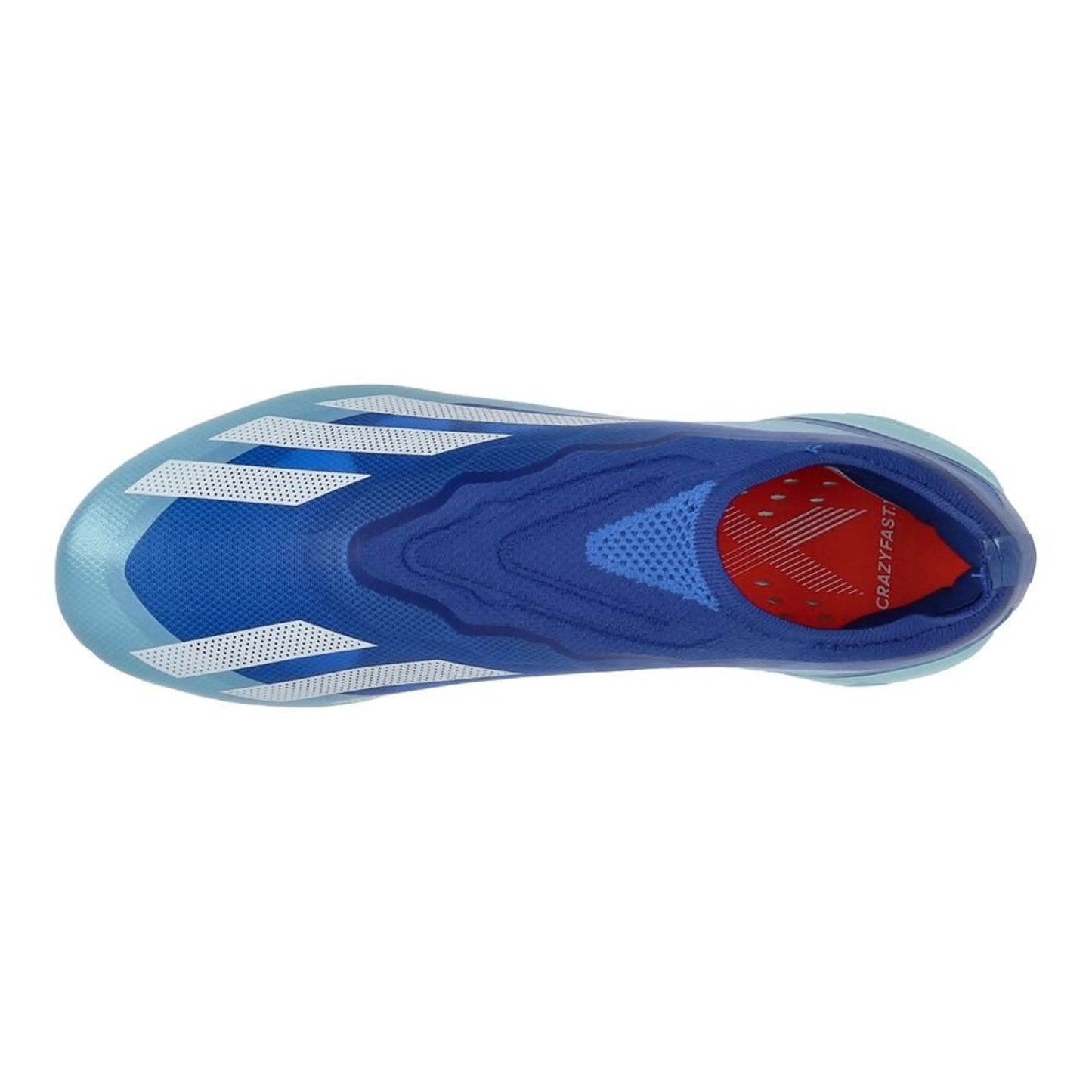 top view of the adidas X Crazyfast .1 Laceless FG "Marinerush" Pack in a Blue/White/Pink colorway