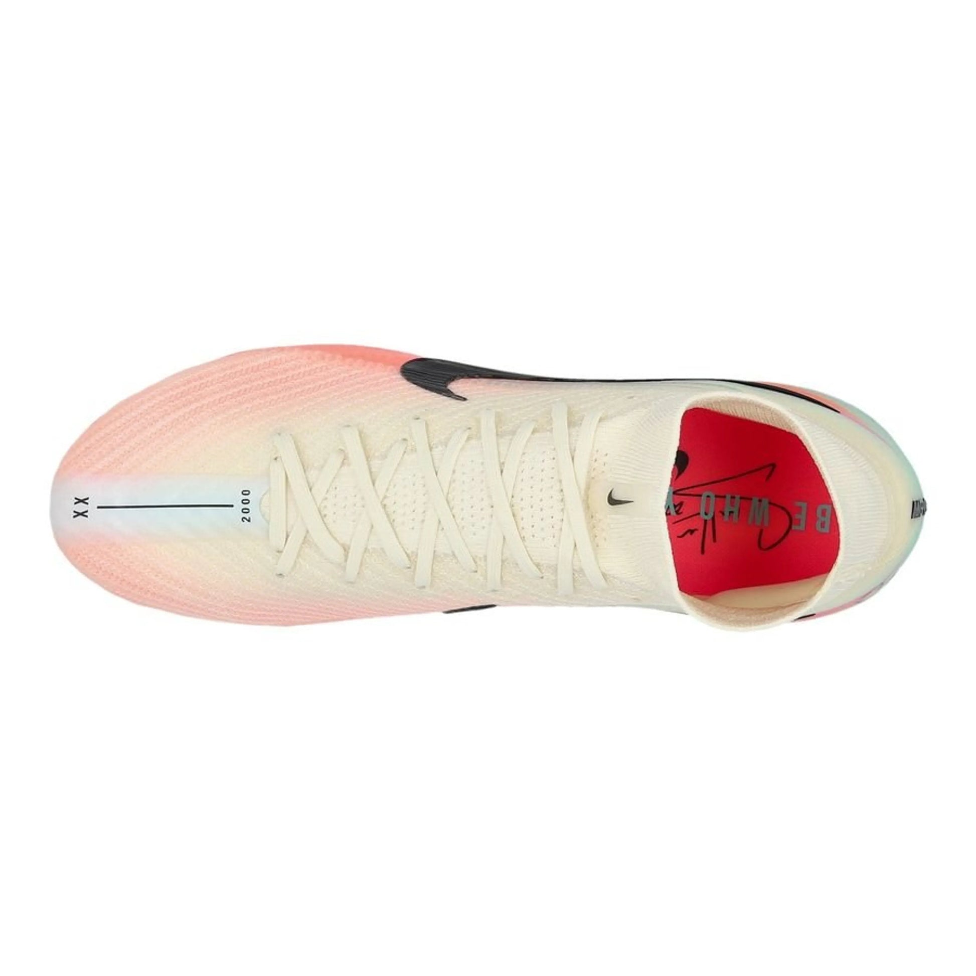 top view of the Nike Air Zoom Mercurial Superfly 10 Elite FG Sam Kerr Personal Edition in Ivory/Black colorway