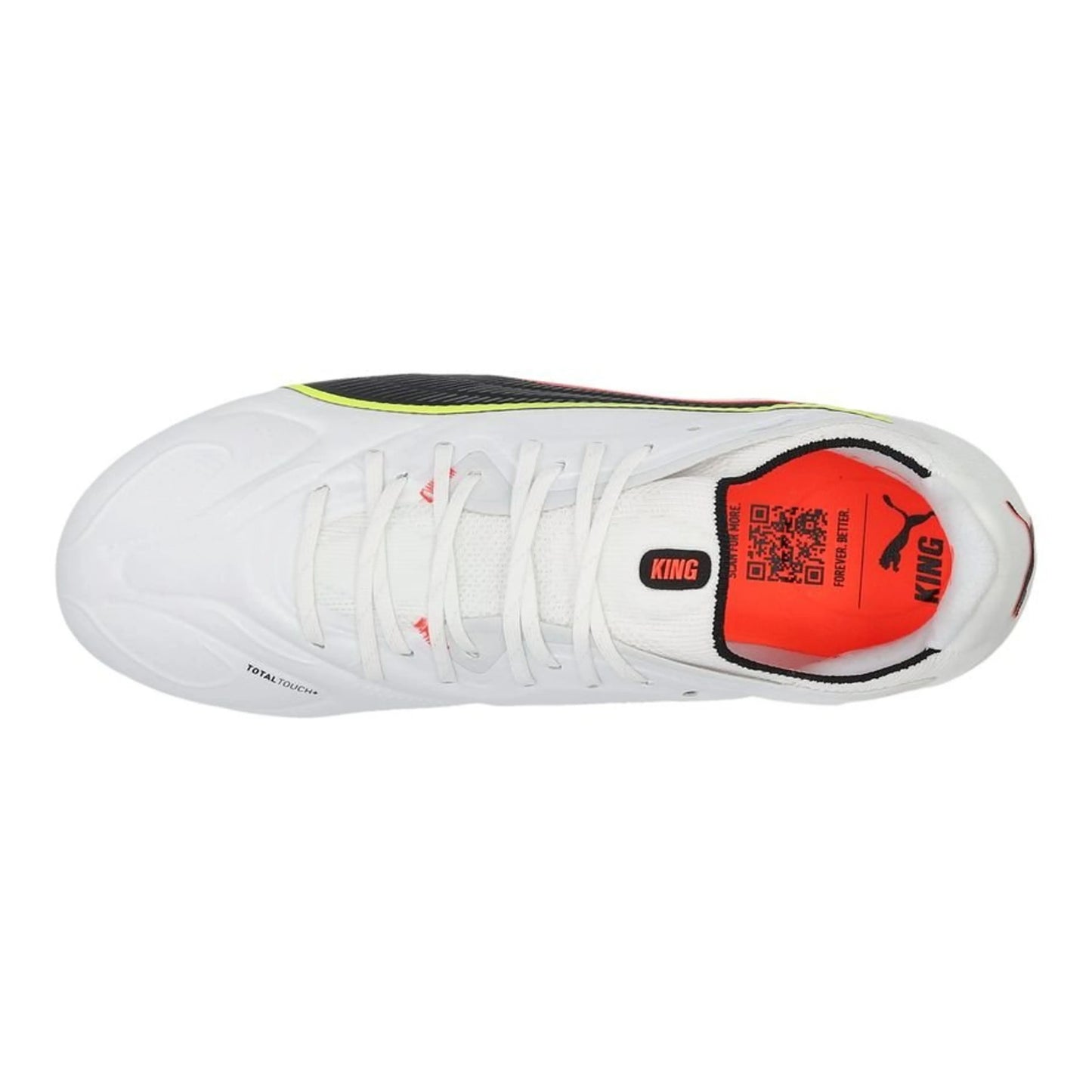 top view of the PUMA King 20 Ultimate FG/AG Unleashed in White/Red/Yellow colorway
