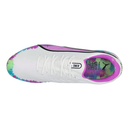 top view of the PUMA King Ultimate FG/AG Brilliance Pack in White/Purple/Green colorway