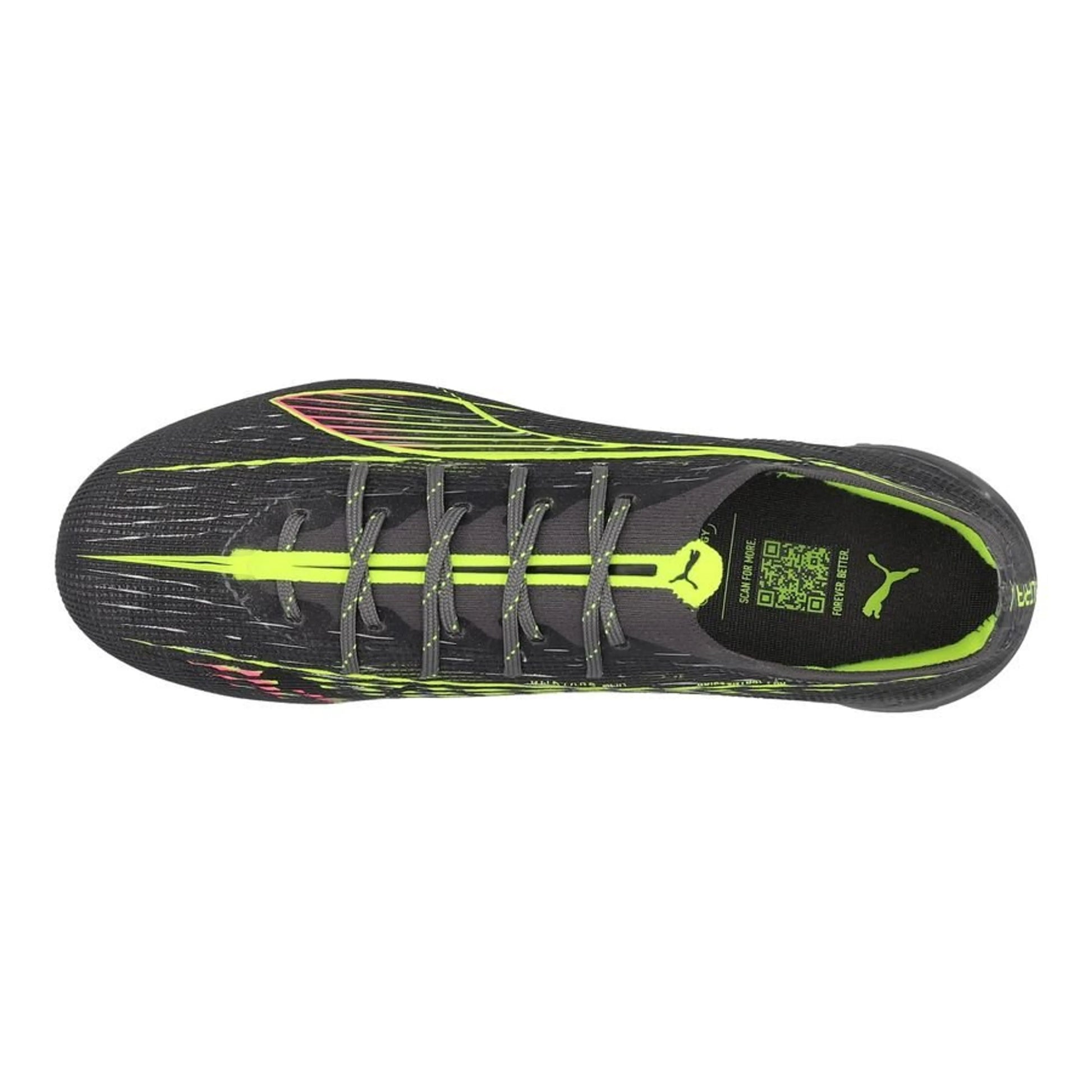top view of the PUMA Ultra 5 Ultimate FG Audacity Pack in Silver/Yellow colorway