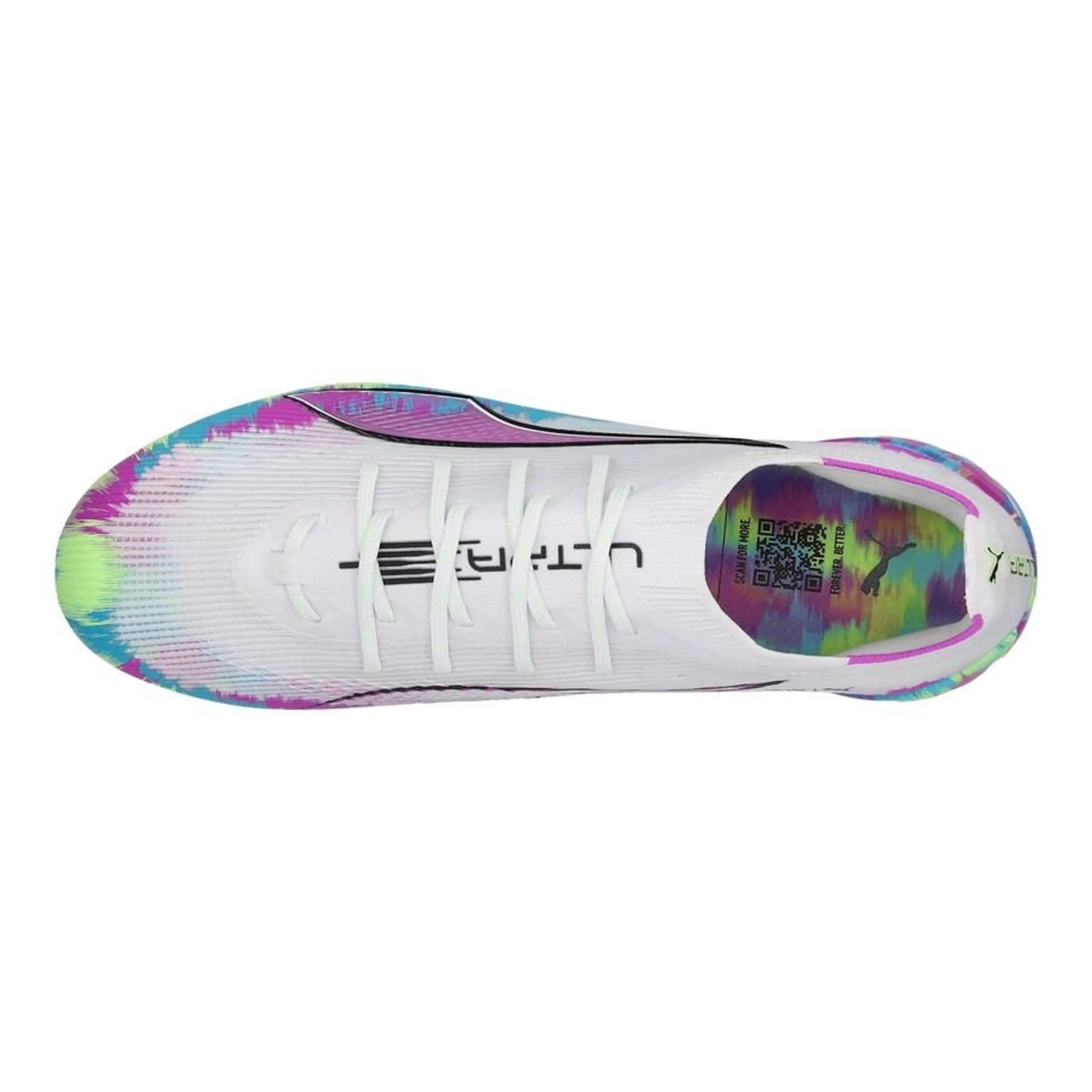 top view of the PUMA Ultra 6 Ultimate FG Brilliance Pack in White/Green/Purple colorway