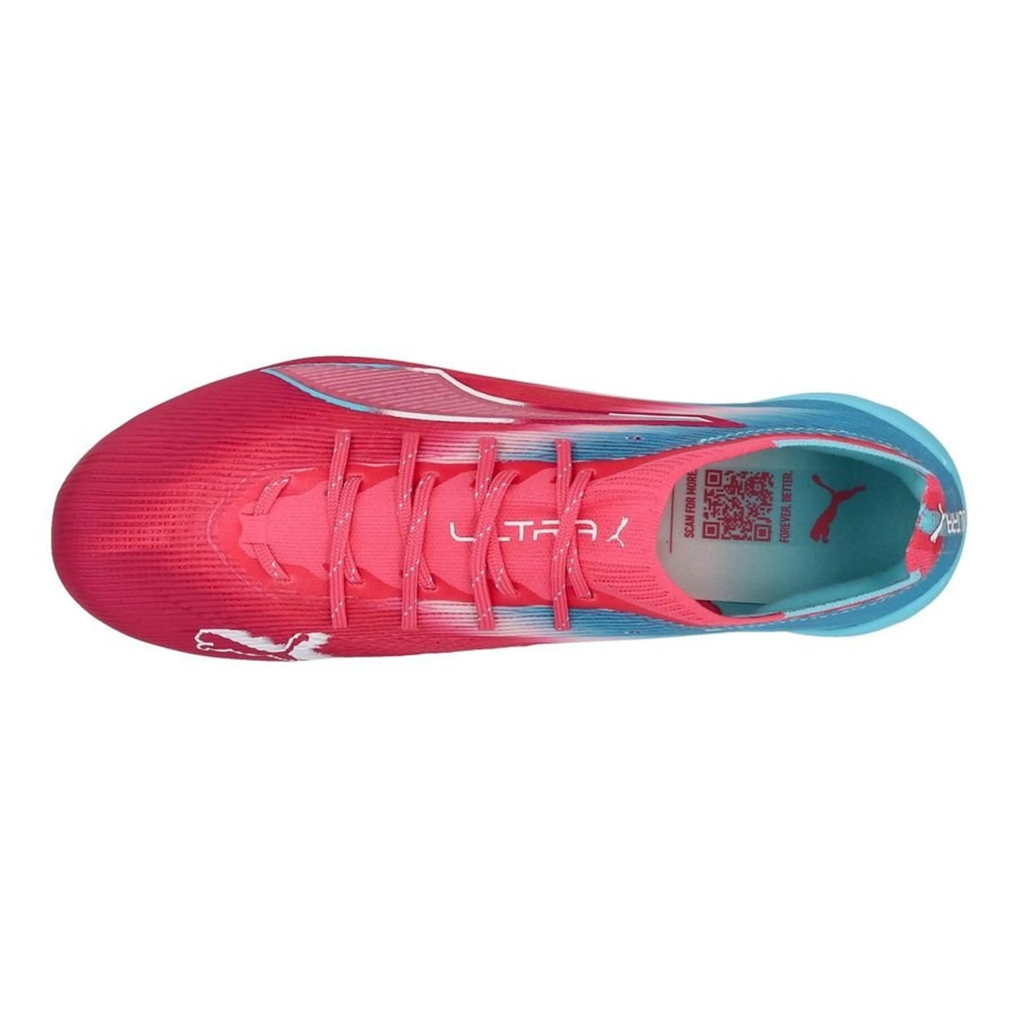 top view of the PUMA Ultra 6 Ultimate FG Re-charge Pack in Blue/Pink/Rose colorway