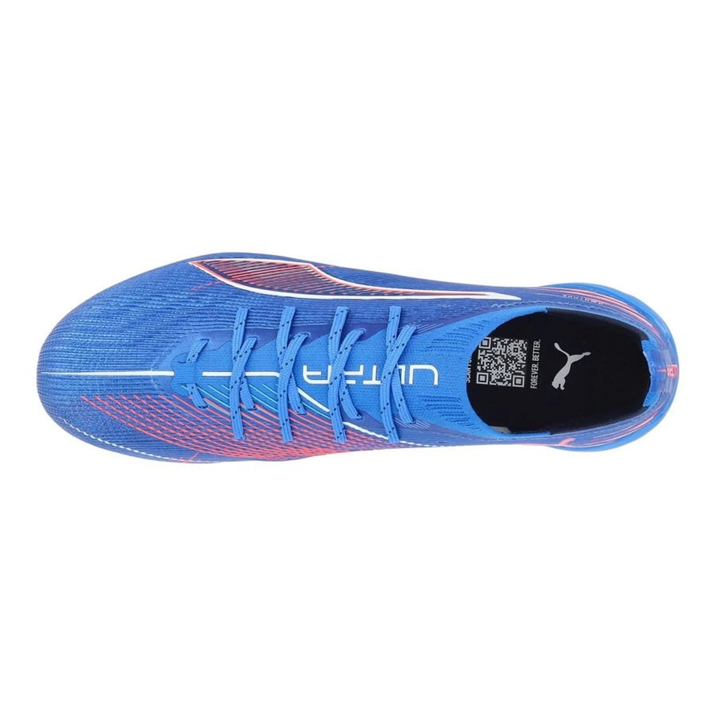 top view of the PUMA Ultra 6 Ultimate FG Untamed Pack in Blue/White/Red colorway