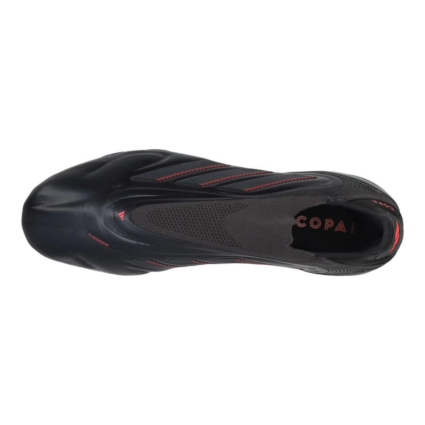 top view of the adidas Copa Pure Elite III Laceless FG "Stealth Victory" pack in a Black/Grey/Red colorway