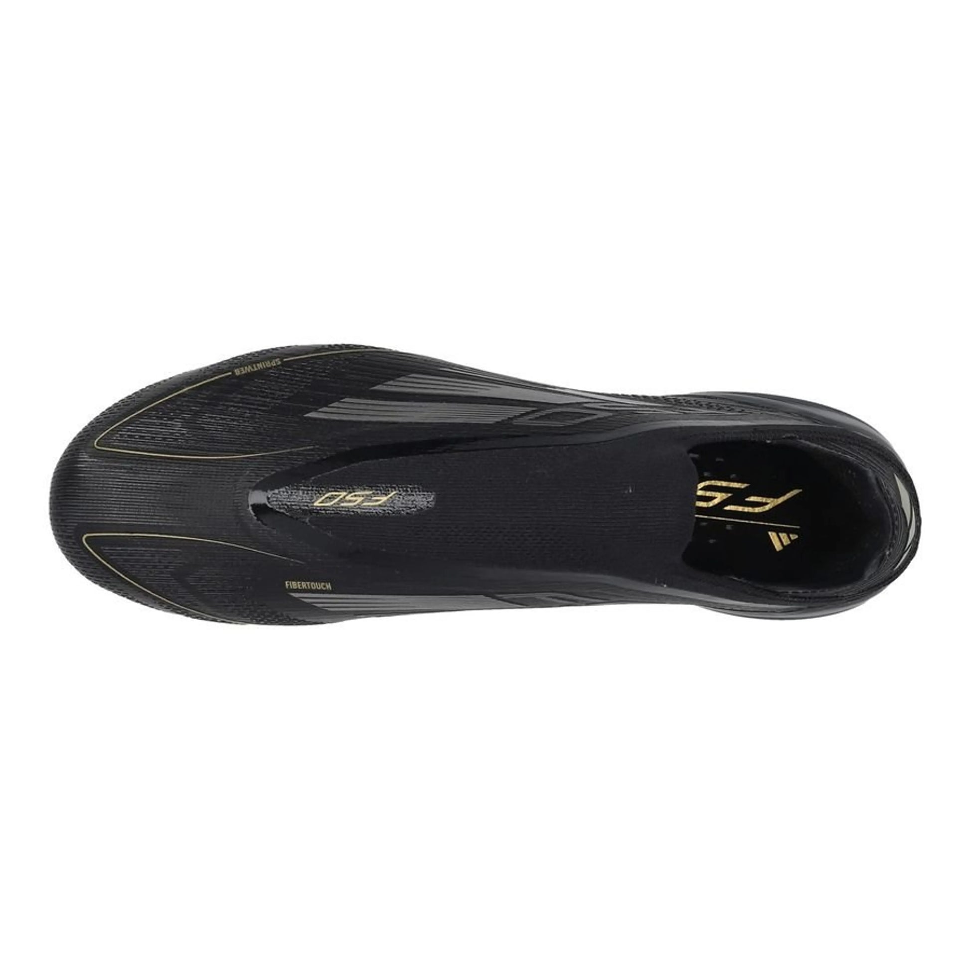 top view of the adidas F50 Elite Laceless FG Dark Spark pack in Black/Metal colorway