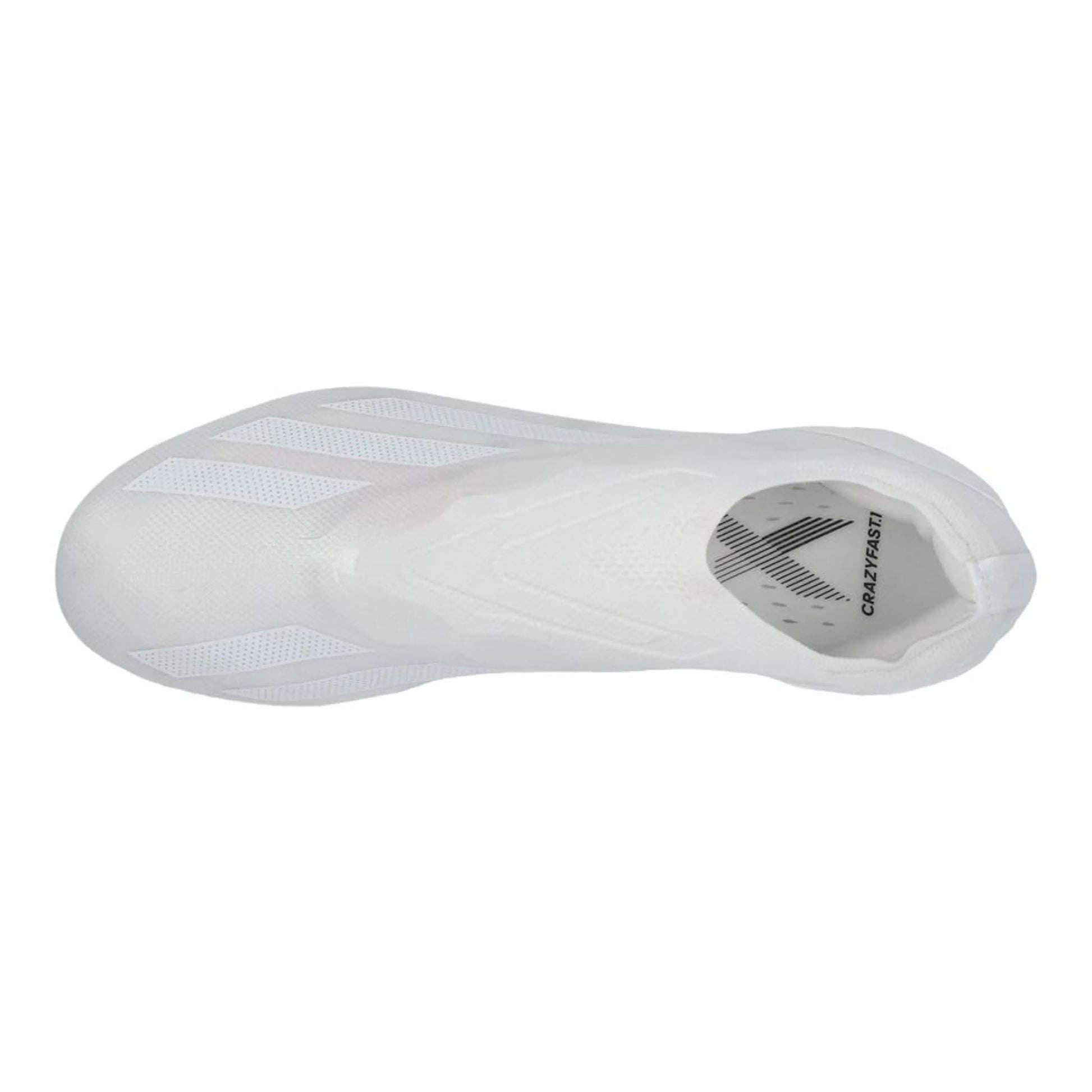 top view of the adidas X Crazyfast .1 Laceless FG Pearlized pack in a clean White finish.