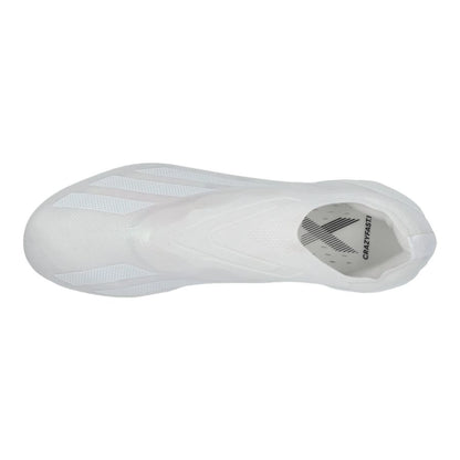 top view of the adidas X Crazyfast .1 Laceless FG Pearlized pack in a clean White finish.